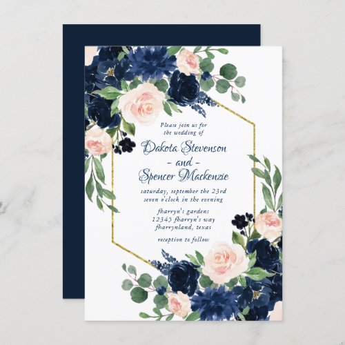 Chic Blooms  Navy Blue and Blush Pink Gold Frame Invitation