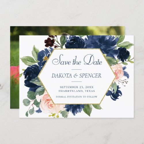 Chic Blooms  Navy Blue and Blush Pink Gold Frame Save The Date