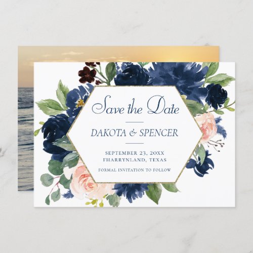 Chic Blooms  Navy Blue and Blush Pink Gold Frame Save The Date