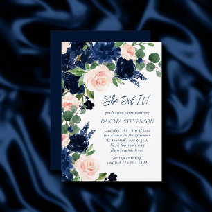 Chic Blooms Navy Blue and Blush Pink Graduation Invitation