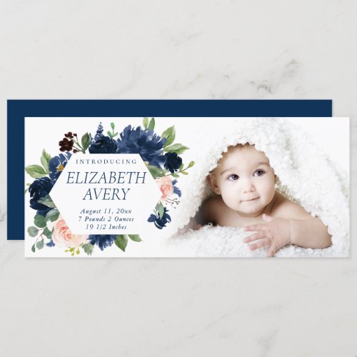 Chic Blooms  Navy Blue and Blush Pink Photo Birth Announcement