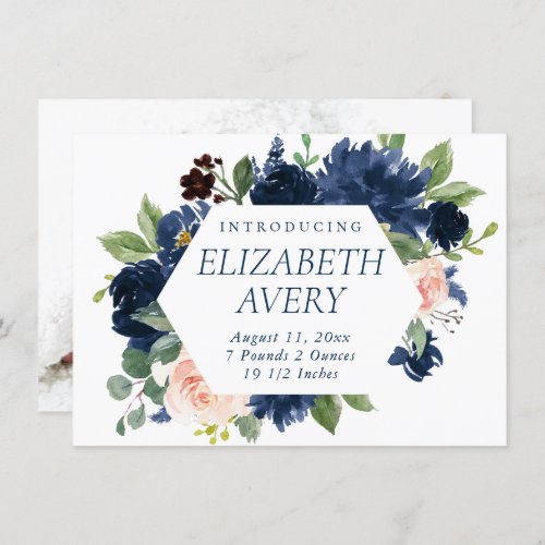 Chic Blooms  Navy Blue and Blush Pink Photo Birth Announcement