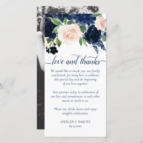 Chic Blooms  Navy Blue and Blush Pink Photo Love Thank You Card