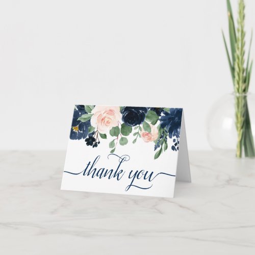 Chic Blooms  Navy Blue and Blush Pink Photo Thank You Card