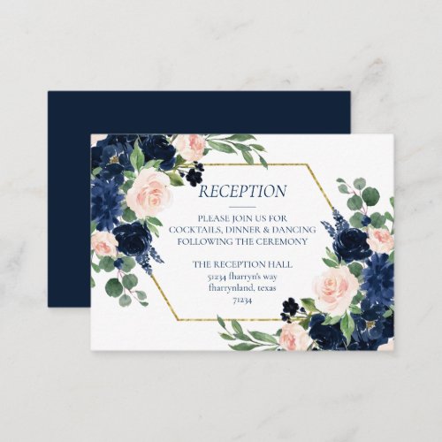 Chic Blooms  Navy Blue and Blush Pink Reception Enclosure Card