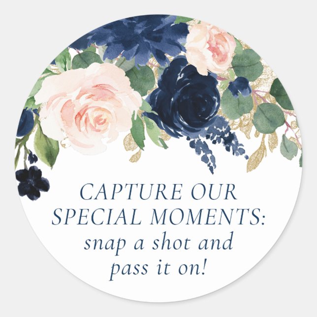 Chic Blooms | Navy Blue and Blush Pink Rose Camera Classic Round Sticker (Front)