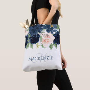 Chic Blooms Navy Blue and Blush Pink Rose Custom Tote Bag
