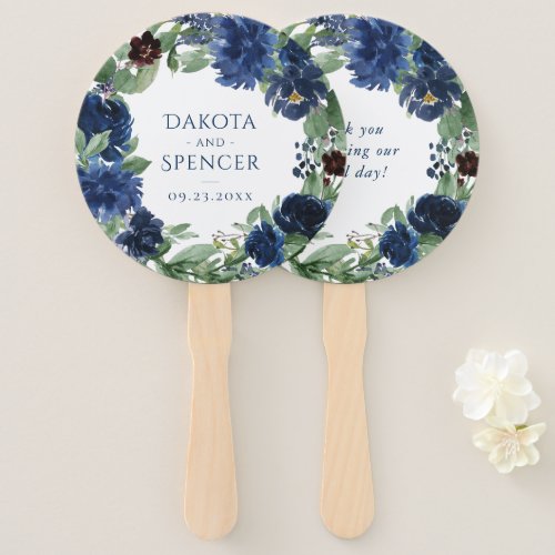Chic Blooms  Navy Blue and Blush Pink Rose Floral Hand Fan
