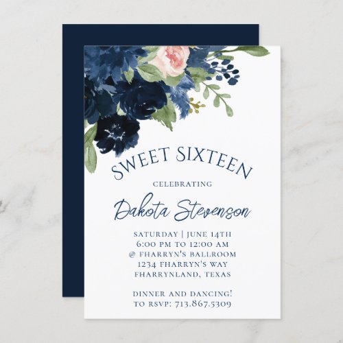 Chic Blooms  Navy Blue and Blush Pink Rose Floral Invitation