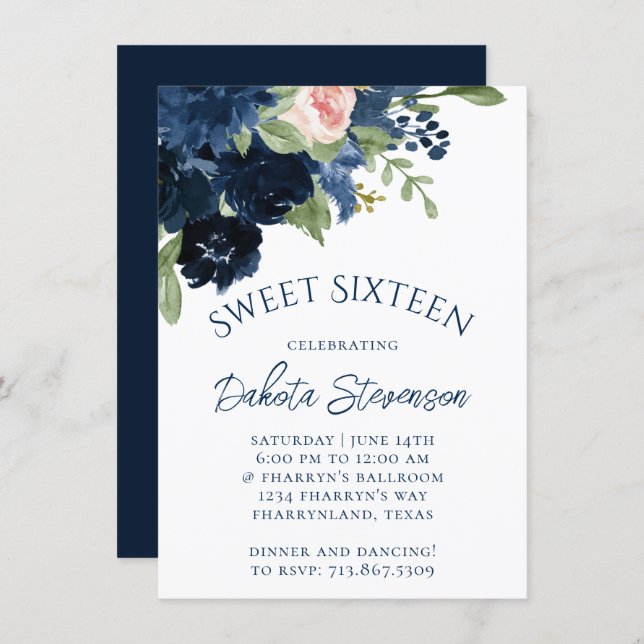 Chic Blooms | Navy Blue and Blush Pink Rose Floral Invitation (Front/Back)