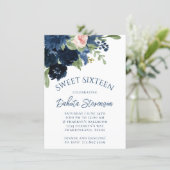 Chic Blooms | Navy Blue and Blush Pink Rose Floral Invitation (Standing Front)