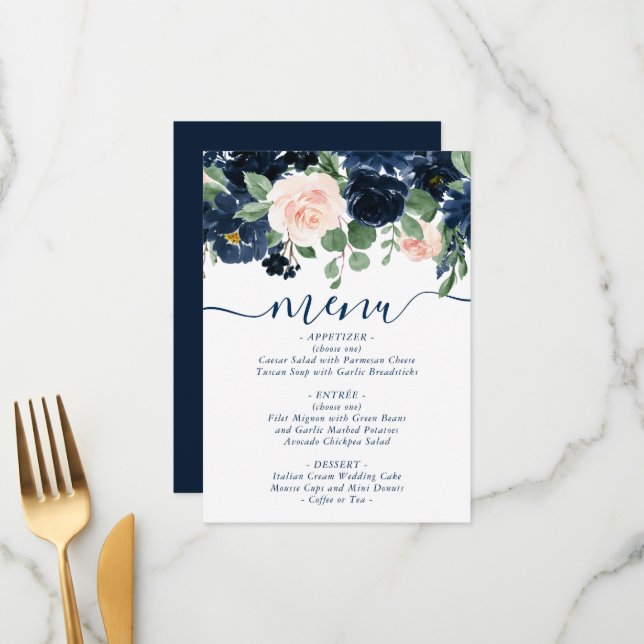 Chic Blooms | Navy Blue and Blush Pink Rose Floral Menu (Front/Back In Situ)
