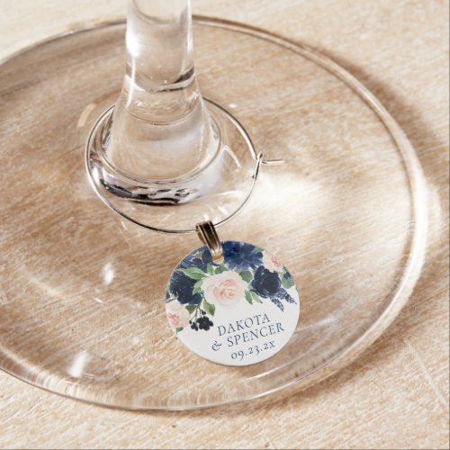 Chic Blooms  Navy Blue and Blush Pink Rose Floral Wine Charm