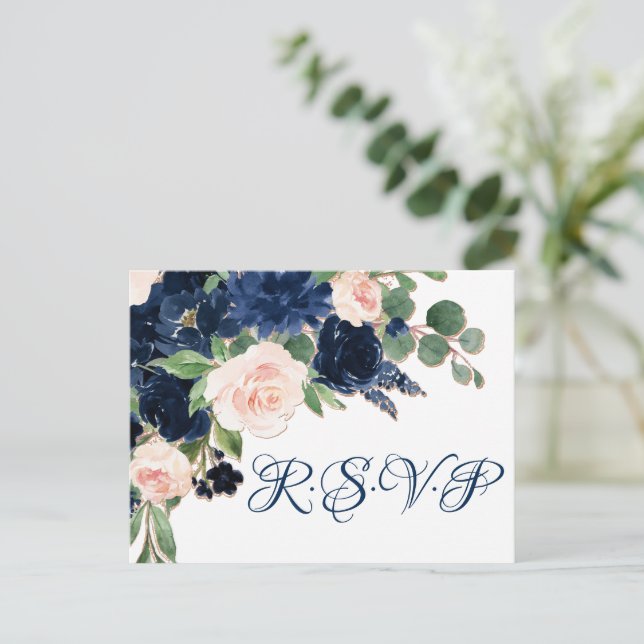 Chic Blooms | Navy Blue and Blush Pink RSVP Postcard (Standing Front)