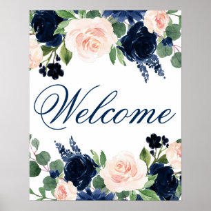 Chic Blooms   Navy Blue and Blush Pink Welcome Poster