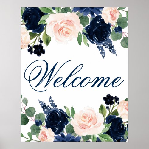 Chic Blooms  Navy Blue and Blush Pink Welcome Poster