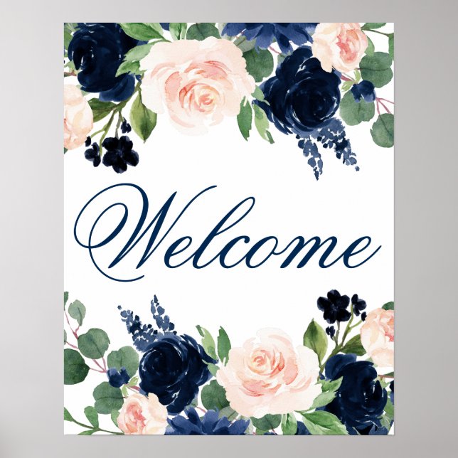 Chic Blooms | Navy Blue and Blush Pink Welcome Poster (Front)