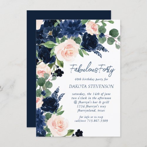 Chic Blooms  Navy Blue and Blush Pink Wreath Invitation