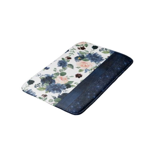 Chic Blooms  Navy Blue and Blush Rose Shimmer Bath Mat