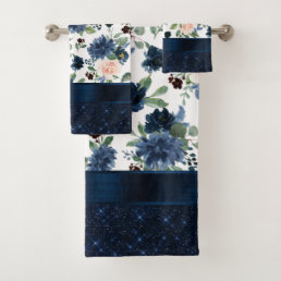 Chic Blooms | Navy Blue and Blush Rose Shimmer Bath Towel Set