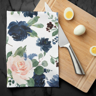 Chic Blooms | Navy Blue and Blush Rose Shimmer Kitchen Towel