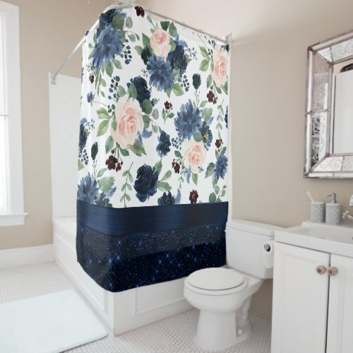 Chic Blooms  Navy Blue and Blush Rose Shimmer Shower Curtain