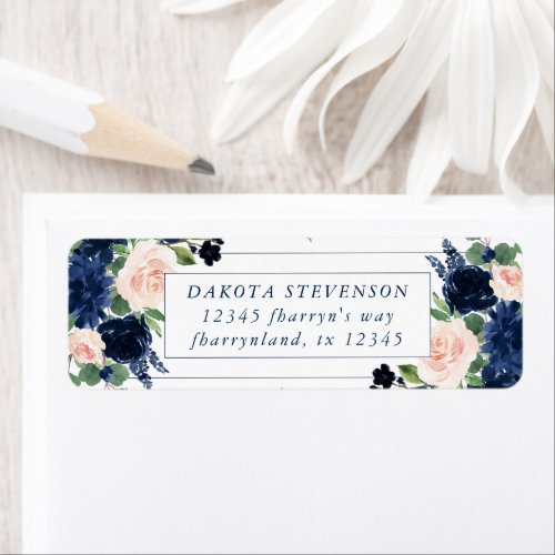 Chic Blooms  Navy Blue and Blush Roses Address Label