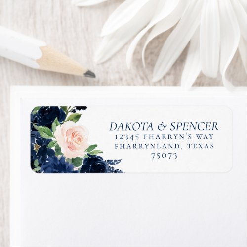 Chic Blooms  Navy Blue and Blush Roses Address Label