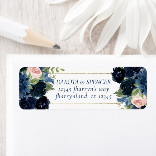 Chic Blooms  Navy Blue and Blush Roses Address Label