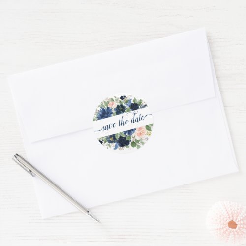 Chic Blooms  Navy Blue and Blush Save the Date Classic Round Sticker