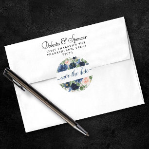 Chic Blooms Navy Blue and Blush Save the Date Classic Round Sticker