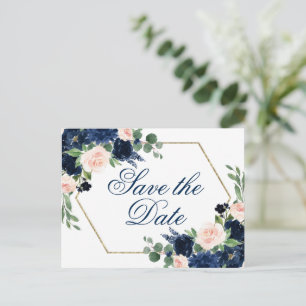 Chic Blooms Navy Blue and Blush Save the Date Postcard