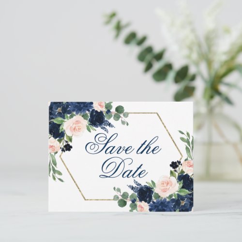 Chic Blooms  Navy Blue and Blush Save the Date Postcard