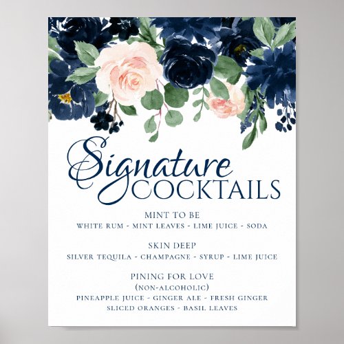 Chic Blooms  Navy Blue and Blush Signature Drinks Poster