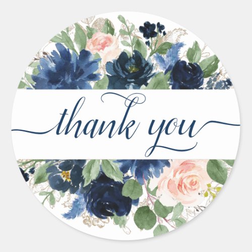 Chic Blooms  Navy Blue and Blush Thank You Classic Round Sticker