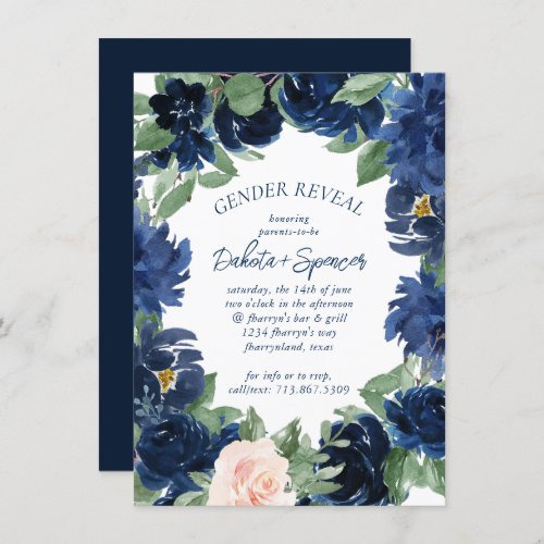 Chic Blooms  Navy Blue Blush Floral Bridal Shower Invitation