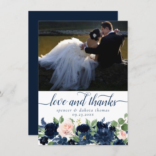 Chic Blooms  Navy Blue Blush Pink Photo Love and Thank You Card