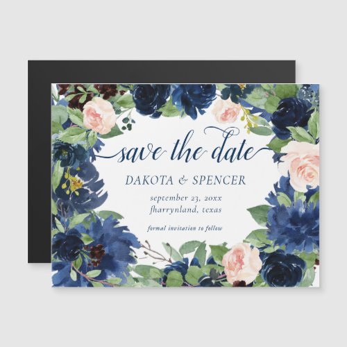Chic Blooms  Navy Blue Blush Wreath Save the Date Magnetic Invitation