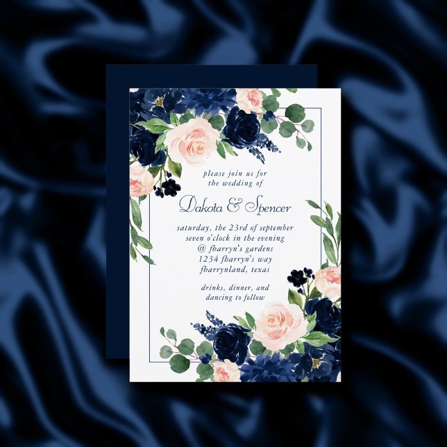 Chic Blooms | Romantic Blush Navy Frame Wedding Invitation (Creator Uploaded)