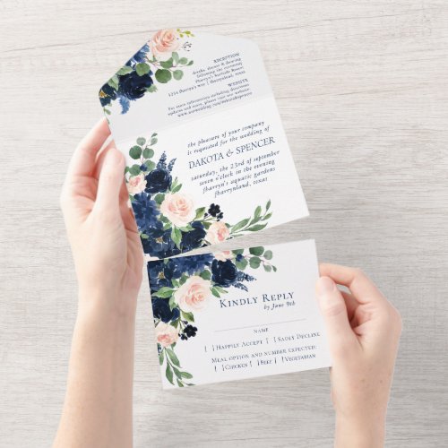 Chic Blooms  Romantic Navy Blue and Blush Entree All In One Invitation