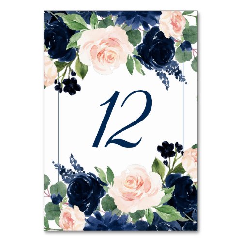Chic Blooms  Romantic Navy Blue and Blush Floral Table Number