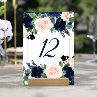 Chic Blooms | Romantic Navy Blue and Blush Floral Table Number