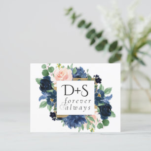 Chic Blooms   Romantic Navy Blue and Blush Wedding Announcement Postcard