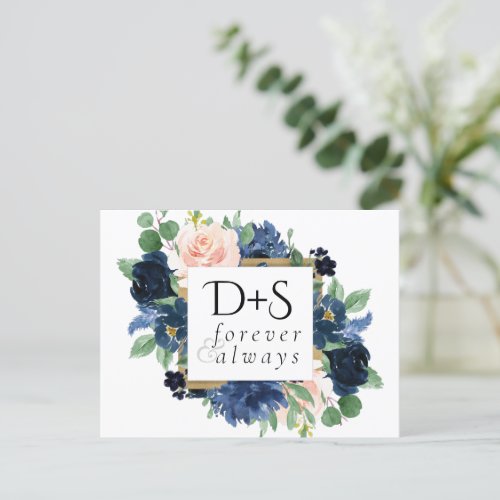 Chic Blooms  Romantic Navy Blue and Blush Wedding Announcement Postcard