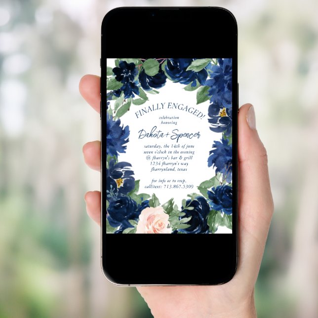 Chic Blooms | Romantic Navy Wreath Engagement Invitation (Front Digital)