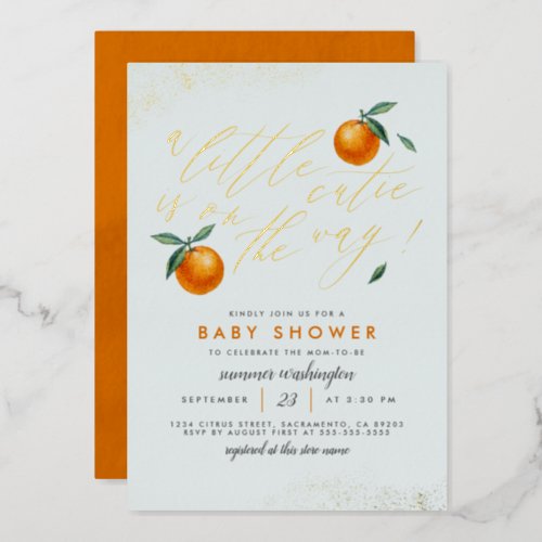 Chic Blue A Little Cutie Orange Baby Shower Foil Invitation