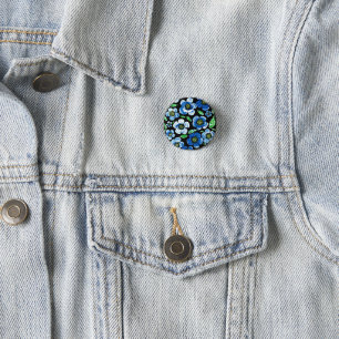 Chic Blue Acrylic Flowers on Black Round Button Pi