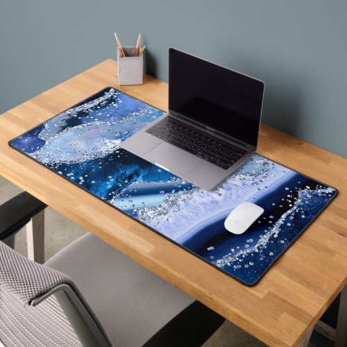 Chic Blue Agate wSilver Sparkles Desk Mat