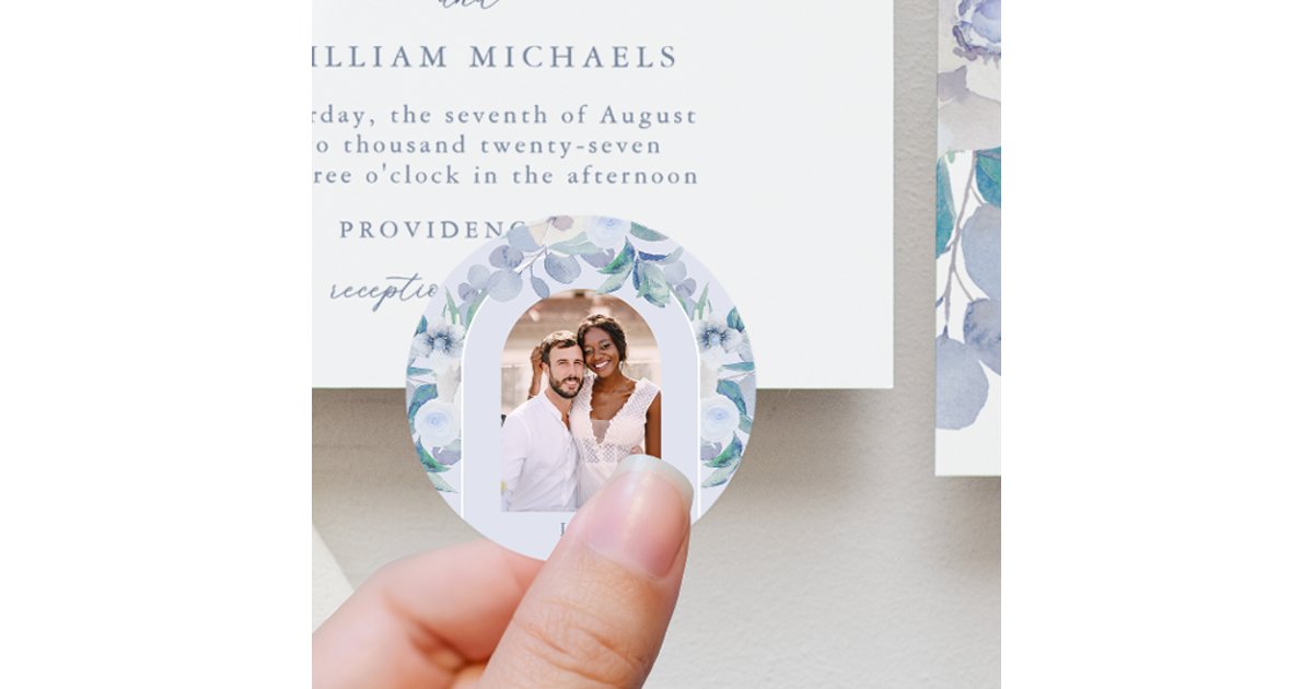 Chic Blue Airy Floral Monogram Photo Wedding Classic Round Sticker | Zazzle