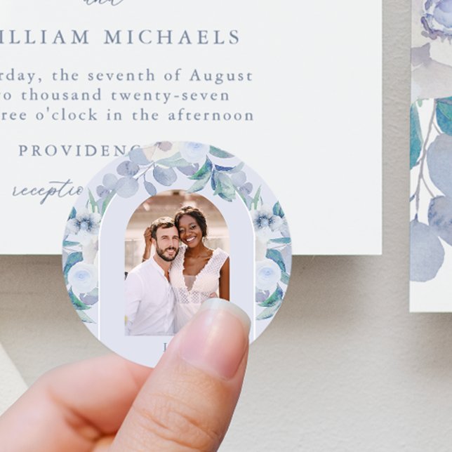 Chic Blue Airy Floral Monogram Photo Wedding Classic Round Sticker (Creator Uploaded)